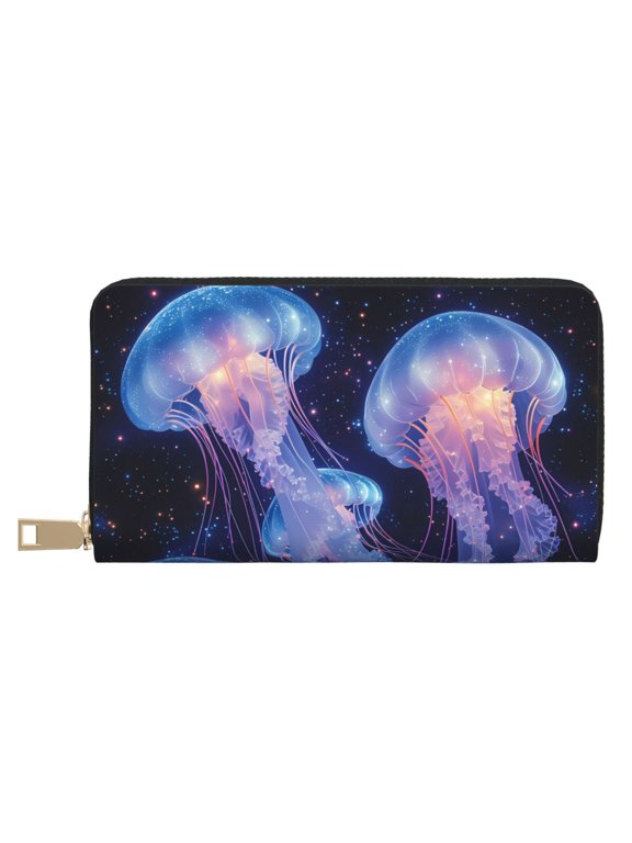 Leather Thin Slim Wallets for Women Men - Floating Space Jellyfish A Clutch Card Wallet for Women Men with Zipper