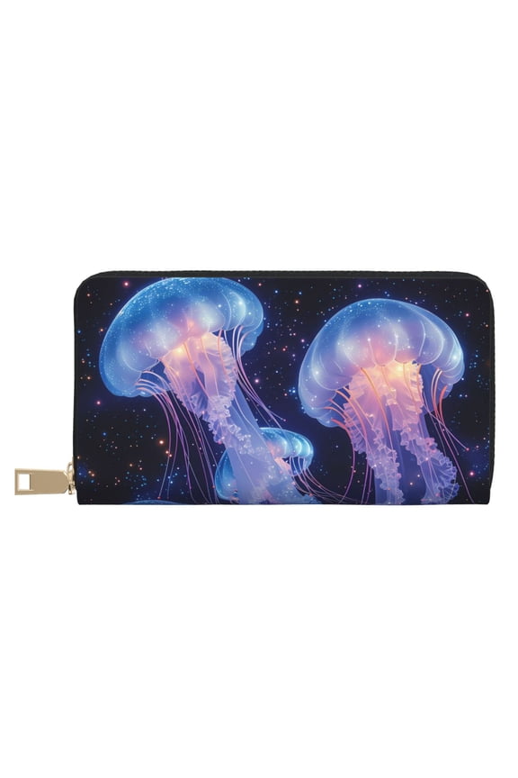 Leather Thin Slim Wallets for Women Men - Floating Space Jellyfish A Clutch Card Wallet for Women Men with Zipper