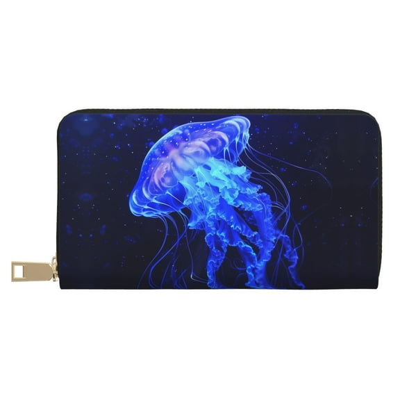 Leather Thin Slim Wallets for Women Men - Floating Space Jellyfish Clutch Card Wallet for Women Men with Zipper