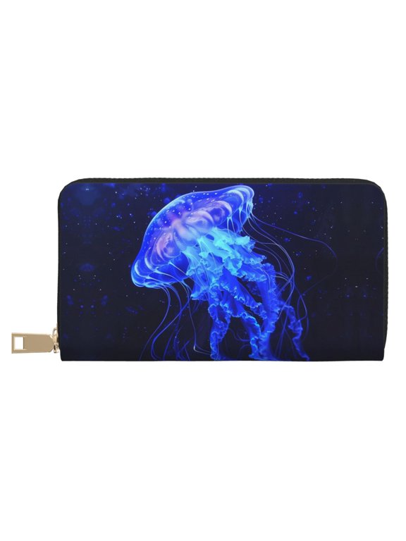 Leather Thin Slim Wallets for Women Men - Floating Space Jellyfish Clutch Card Wallet for Women Men with Zipper