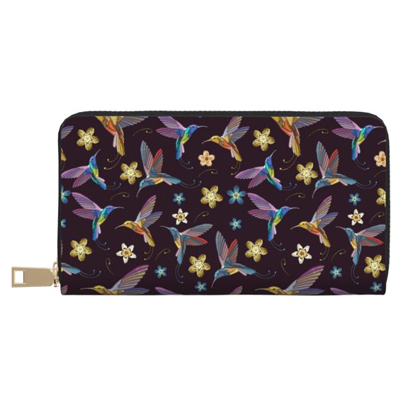 Leather Thin Slim Wallets for Women Men - Floral Hummingbird Print Black Clutch Card Wallet for Women Men with Zipper