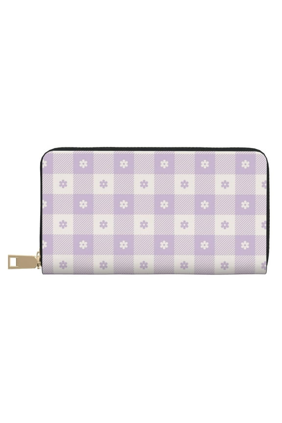 Leather Thin Slim Wallets for Women Men - Floral Purple Buffalo Plaid Clutch Card Wallet for Women Men with Zipper