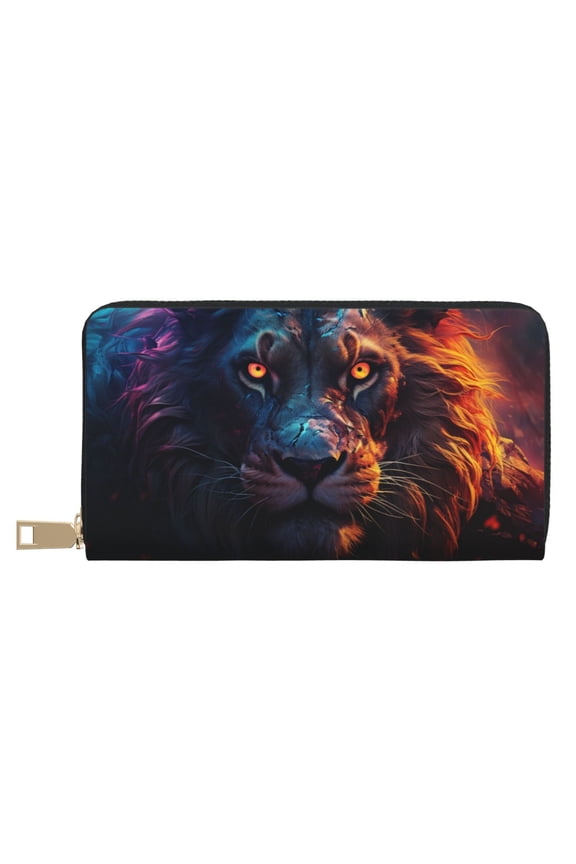 Leather Thin Slim Wallets for Women Men - Forest Cool Lion Clutch Card Wallet for Women Men with Zipper