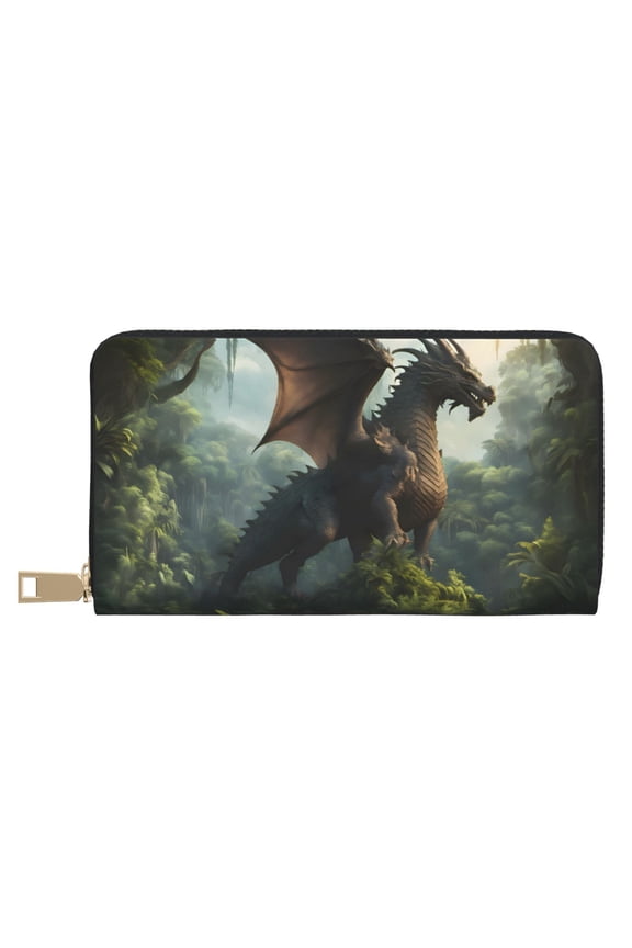 Leather Thin Slim Wallets for Women Men - Forest Stone-colored Dragon Clutch Card Wallet for Women Men with Zipper