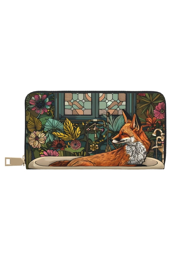 Leather Thin Slim Wallets for Women Men - Fox Bathtub Floral Art Clutch Card Wallet for Women Men with Zipper