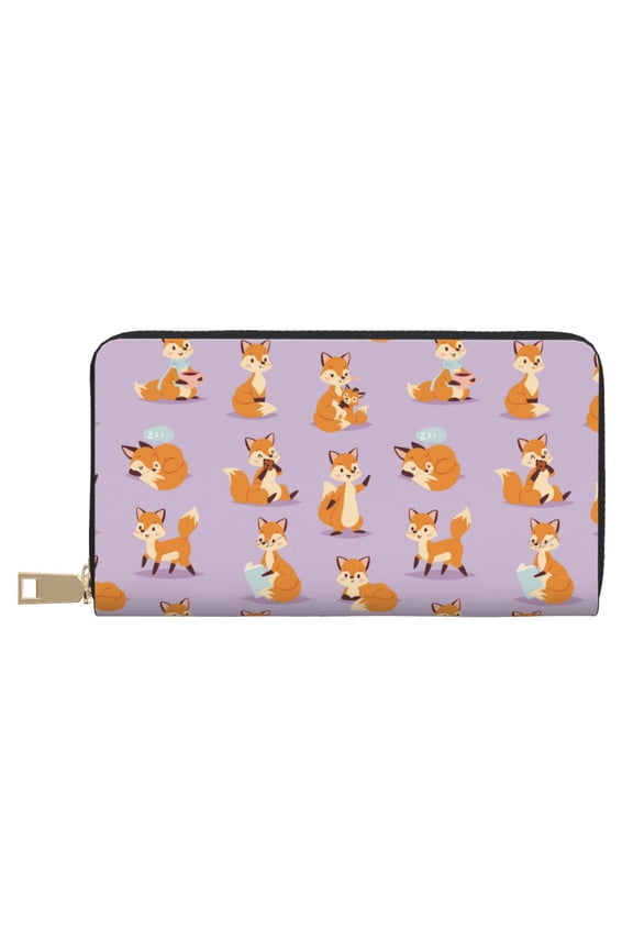 Leather Thin Slim Wallets for Women Men - Fox Print Mauve Clutch Card Wallet for Women Men with Zipper