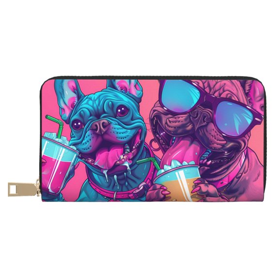 Leather Thin Slim Wallets for Women Men - French Bulldog Cool No.102 Clutch Card Wallet for Women Men with Zipper