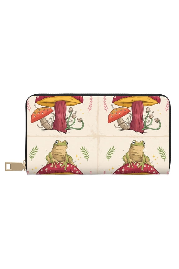 Leather Thin Slim Wallets for Women Men - Frog Sitting On Mushroom Clutch Card Wallet for Women Men with Zipper