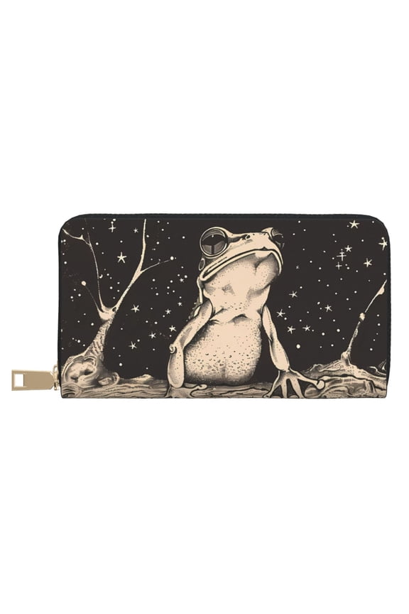Leather Thin Slim Wallets for Women Men - Frog Stars Vintage Art Clutch Card Wallet for Women Men with Zipper