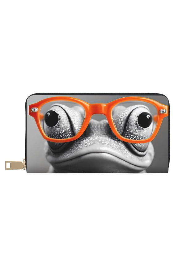 Leather Thin Slim Wallets for Women Men - Frog With Geeky Glasses Clutch Card Wallet for Women Men with Zipper