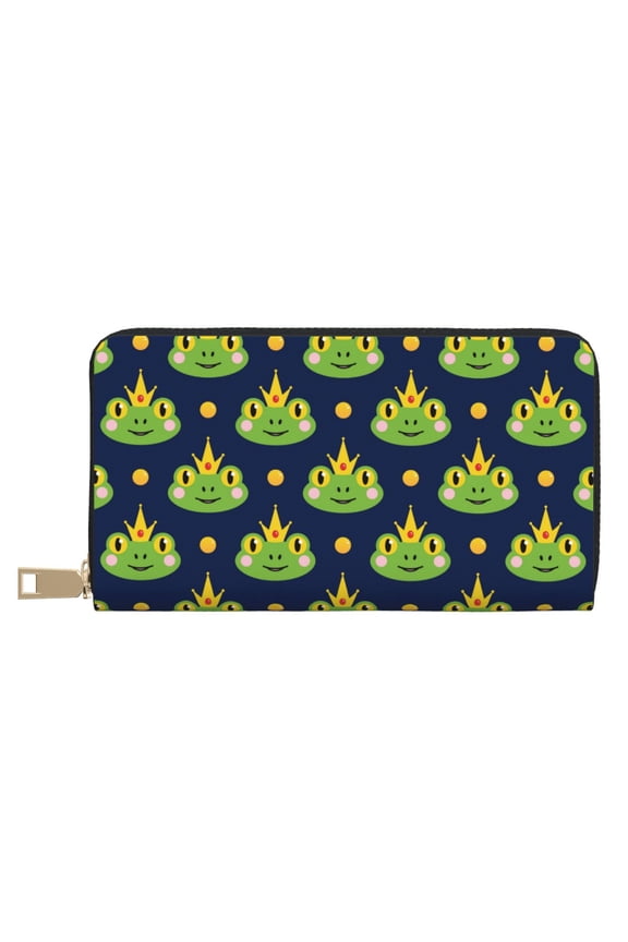 Leather Thin Slim Wallets for Women Men - Frog prince crowns navyblue Clutch Card Wallet for Women Men with Zipper