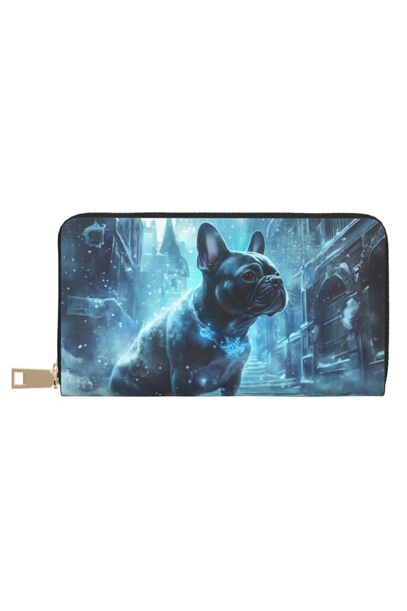 Leather Thin Slim Wallets for Women Men - Frosty Winter Bulldog Magic Clutch Card Wallet for Women Men with Zipper