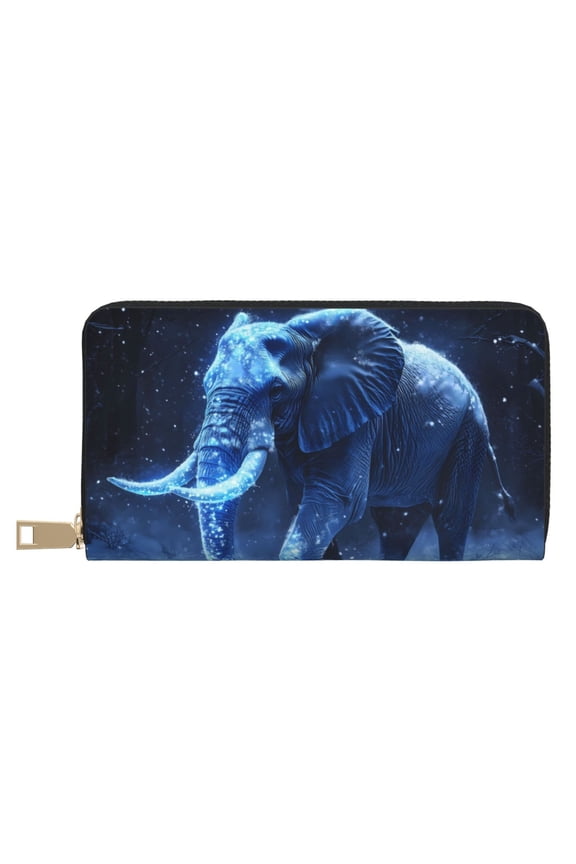 Leather Thin Slim Wallets for Women Men - Frozen Night Elephant Clutch Card Wallet for Women Men with Zipper
