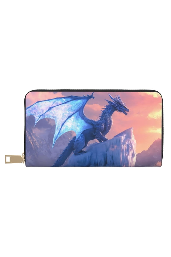 Leather Thin Slim Wallets for Women Men - Frozen Peak Ice Dragon Clutch Card Wallet for Women Men with Zipper