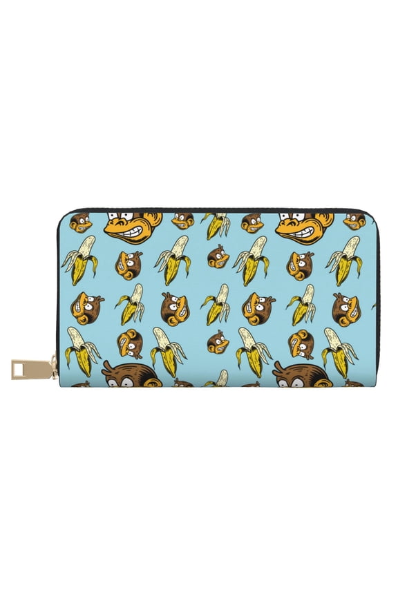 Leather Thin Slim Wallets for Women Men - Funny Banana Monkey Clutch Card Wallet for Women Men with Zipper