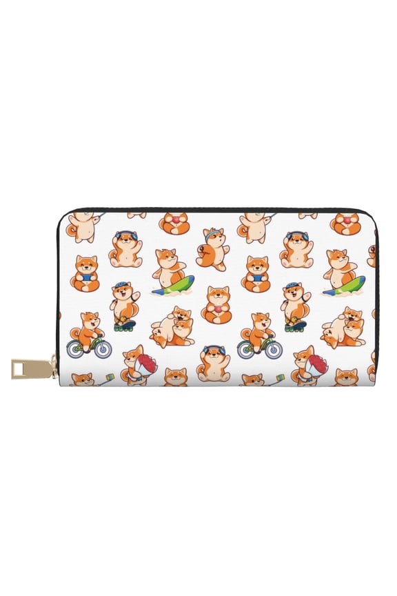 Leather Thin Slim Wallets for Women Men - Funny Cute Corgi Dog Sports Clutch Card Wallet for Women Men with Zipper