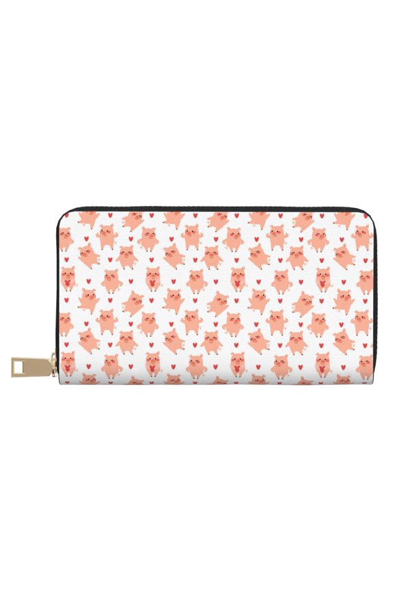 Leather Thin Slim Wallets for Women Men - Funny Cute Pigs and Hearts Clutch Card Wallet for Women Men with Zipper