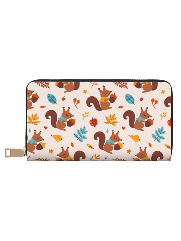 Leather Thin Slim Wallets for Women Men - Funny Cute Squirrel Pine Cone_A Clutch Card Wallet for Women Men with Zipper