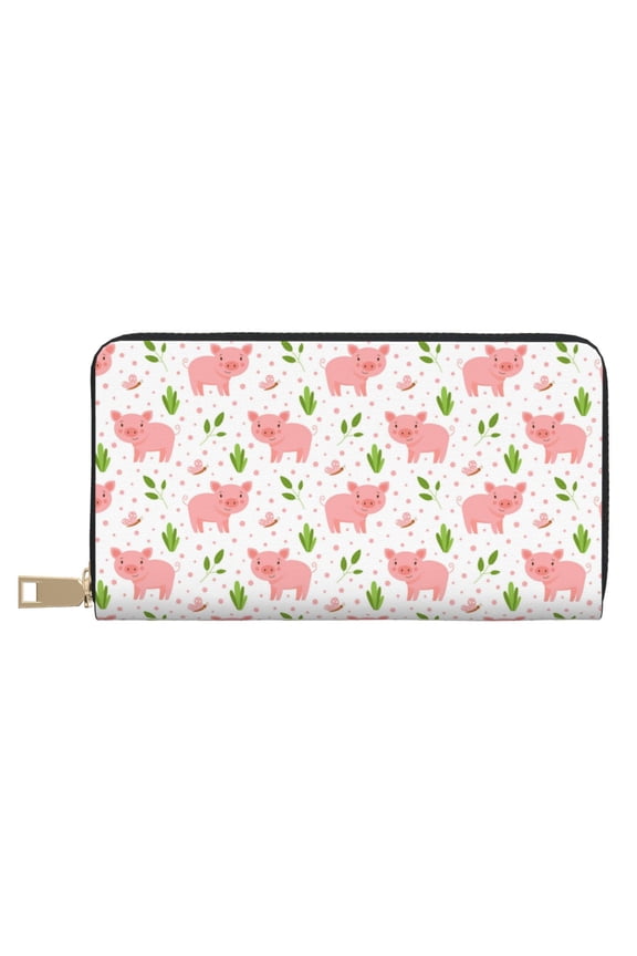 Leather Thin Slim Wallets for Women Men - Funny Little Pigs Clutch Card Wallet for Women Men with Zipper