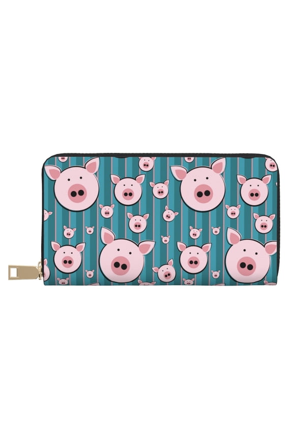 Leather Thin Slim Wallets for Women Men - Funny Pig Faces Clutch Card Wallet for Women Men with Zipper