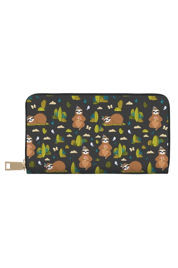 Leather Thin Slim Wallets for Women Men - Funny Sloths In The Forest Clutch Card Wallet for Women Men with Zipper