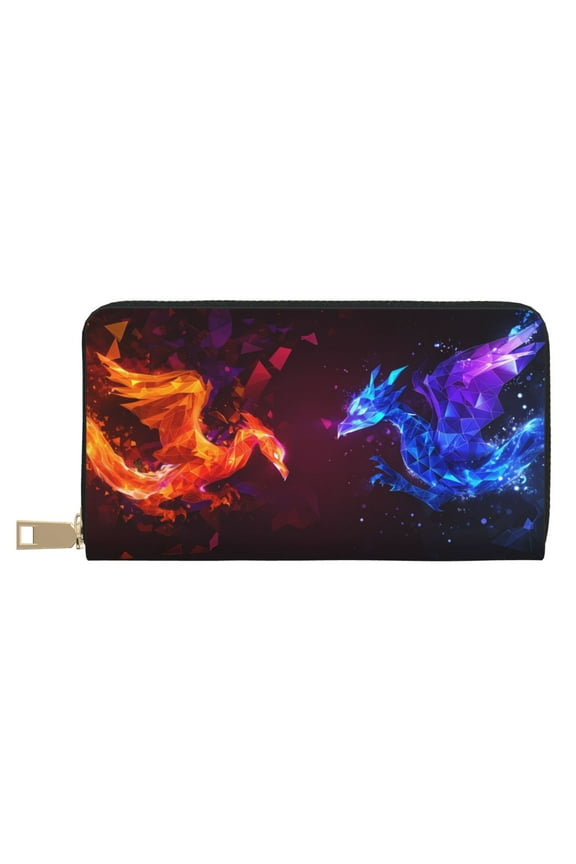 Leather Thin Slim Wallets for Women Men - Futuristic Red and Blue Bird Clutch Card Wallet for Women Men with Zipper