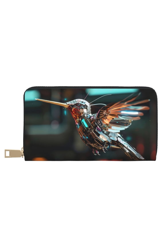 Leather Thin Slim Wallets for Women Men - Futuristic Robot Hummingbird Clutch Card Wallet for Women Men with Zipper