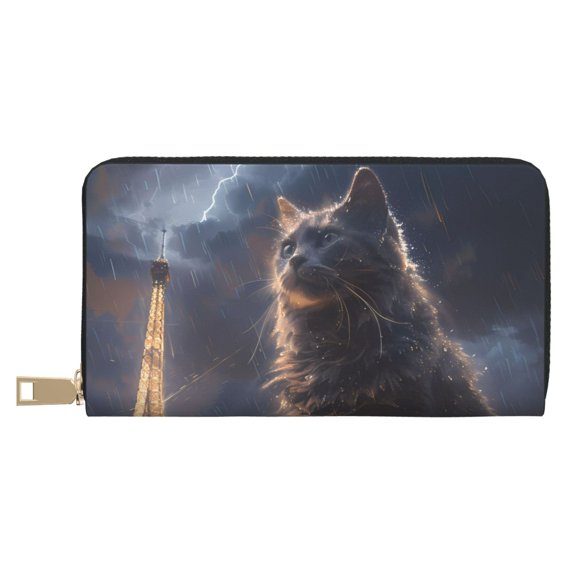 Leather Thin Slim Wallets for Women Men - Giant Cat In Paris Rain Clutch Card Wallet for Women Men with Zipper