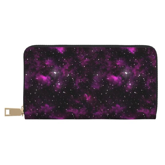Leather Thin Slim Wallets for Women Men - Glitter starry texture purple Clutch Card Wallet for Women Men with Zipper