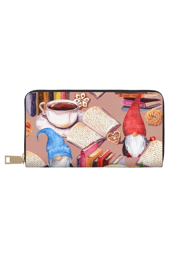 Leather Thin Slim Wallets for Women Men - Gnomes Books Tea Cups Clutch Card Wallet for Women Men with Zipper