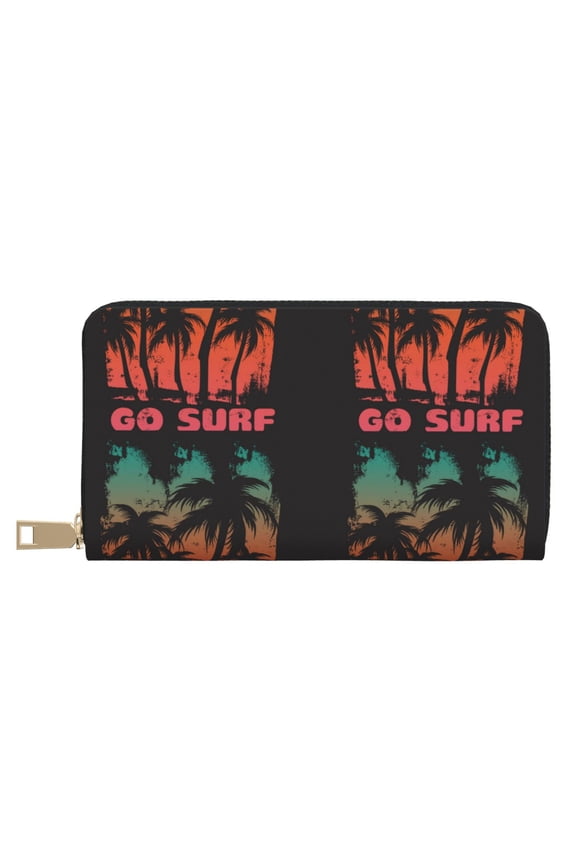 Leather Thin Slim Wallets for Women Men - Go Surfer Clutch Card Wallet for Women Men with Zipper