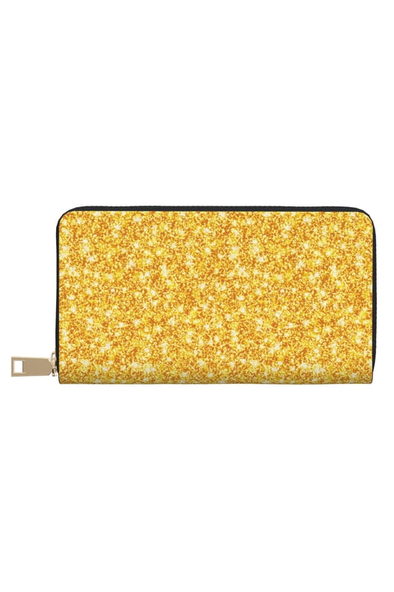 Leather Thin Slim Wallets for Women Men - Gold Glitter lightning A Clutch Card Wallet for Women Men with Zipper