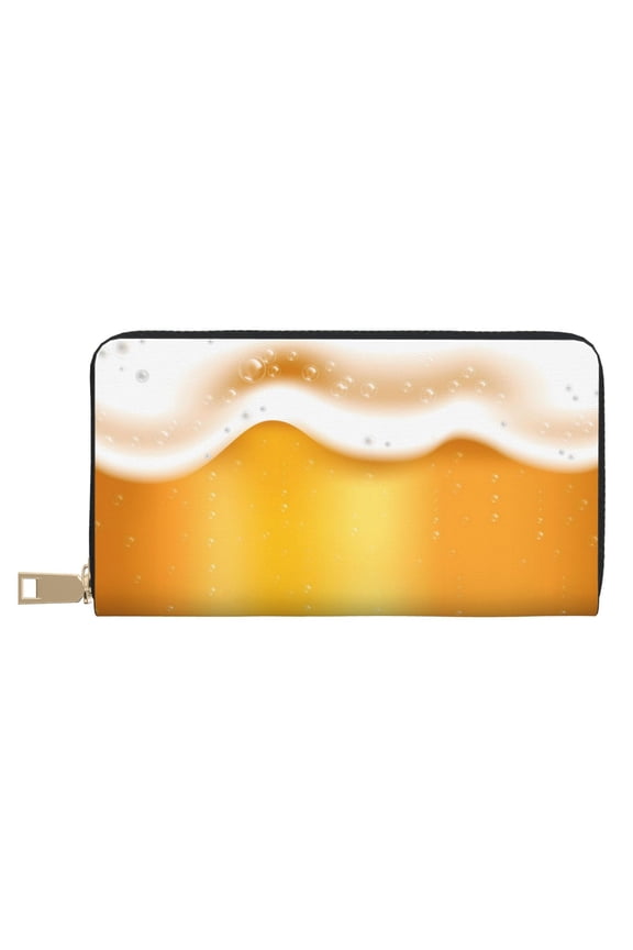 Leather Thin Slim Wallets for Women Men - Golden Beer Clutch Card Wallet for Women Men with Zipper