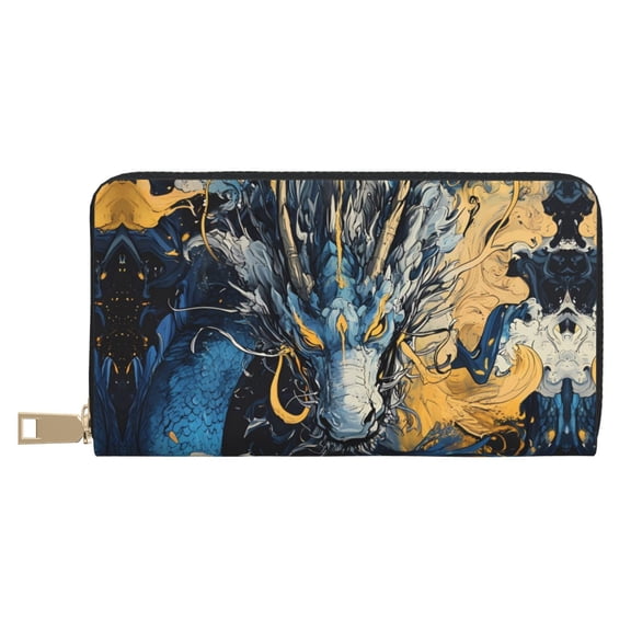 Leather Thin Slim Wallets for Women Men - Golden Blue Dragon Fury Clutch Card Wallet for Women Men with Zipper