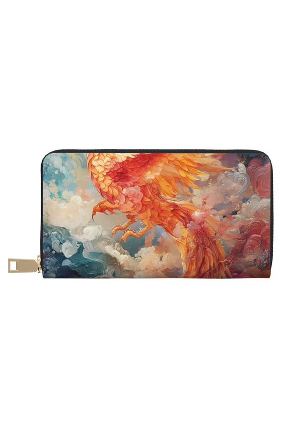 Leather Thin Slim Wallets for Women Men - Golden Fiery Phoenix Clutch Card Wallet for Women Men with Zipper