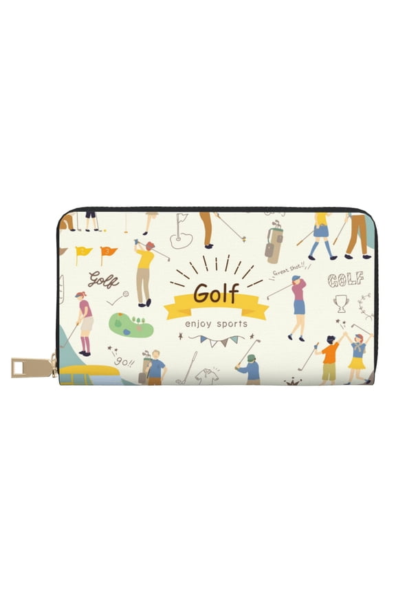 Leather Thin Slim Wallets for Women Men - Golf Icons And Golfer Clutch Card Wallet for Women Men with Zipper