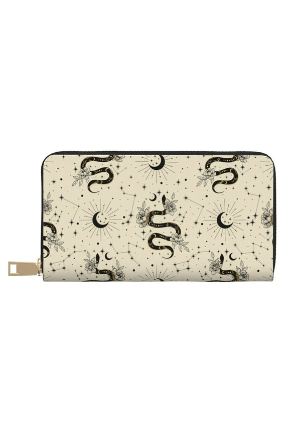 Leather Thin Slim Wallets for Women Men - Gothic Funny Black Snake Moon Clutch Card Wallet for Women Men with Zipper