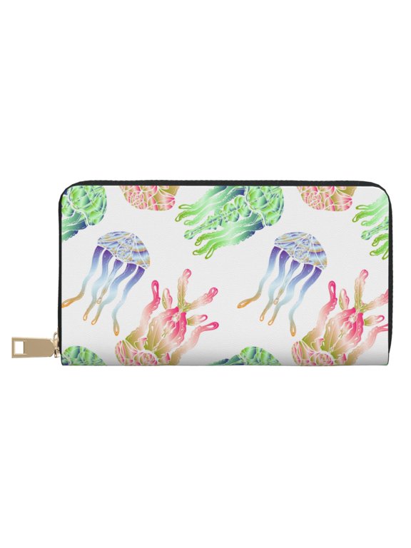 Leather Thin Slim Wallets for Women Men - Gradient Jellyfish Clutch Card Wallet for Women Men with Zipper