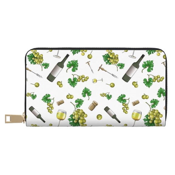 Leather Thin Slim Wallets for Women Men - Grape wine glass Clutch Card Wallet for Women Men with Zipper