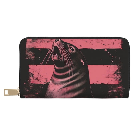 Leather Thin Slim Wallets for Women Men - Graphic Seal On Stripes Clutch Card Wallet for Women Men with Zipper