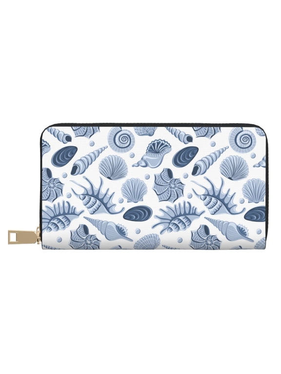 Leather Thin Slim Wallets for Women Men - Gray Conch Shell Clutch Card Wallet for Women Men with Zipper