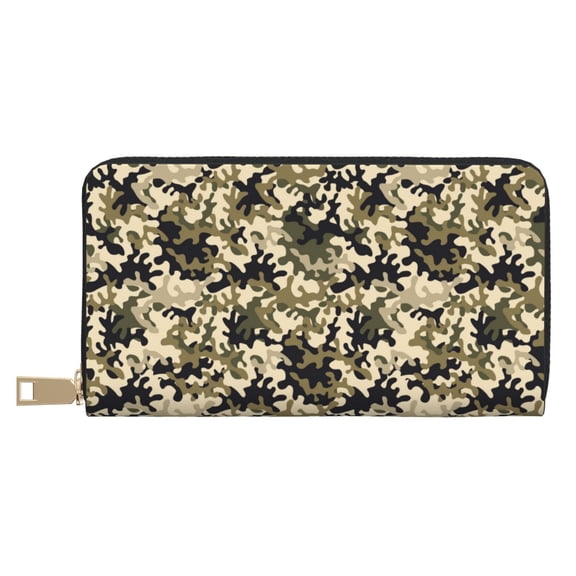 Leather Thin Slim Wallets for Women Men - Green Black Camouflage Clutch Card Wallet for Women Men with Zipper