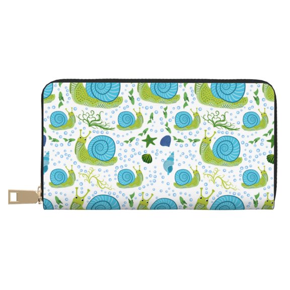 Leather Thin Slim Wallets for Women Men - Green Blue Slug Shells Clutch Card Wallet for Women Men with Zipper