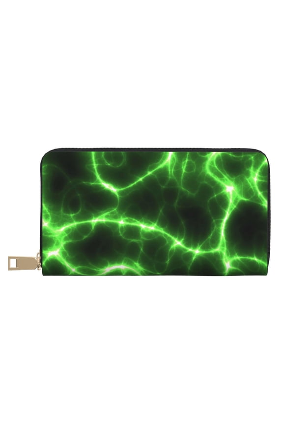 Leather Thin Slim Wallets for Women Men - Green Lightning Clutch Card Wallet for Women Men with Zipper