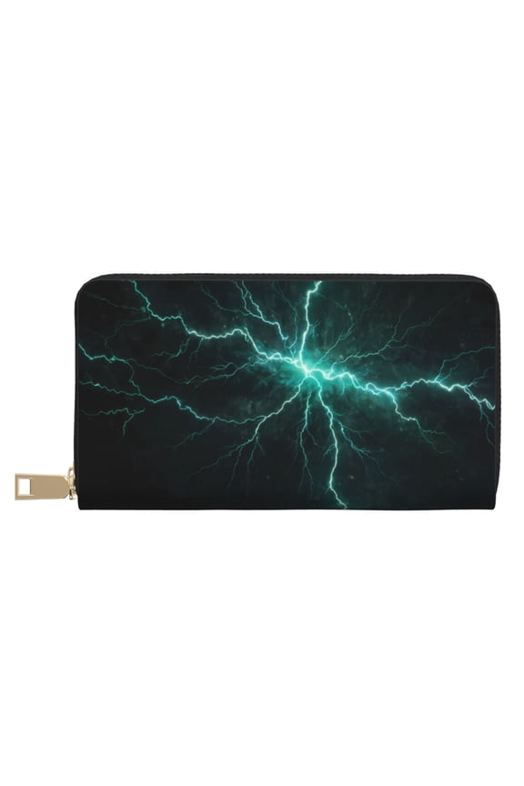Leather Thin Slim Wallets for Women Men - Green Lightning Flash Clutch Card Wallet for Women Men with Zipper