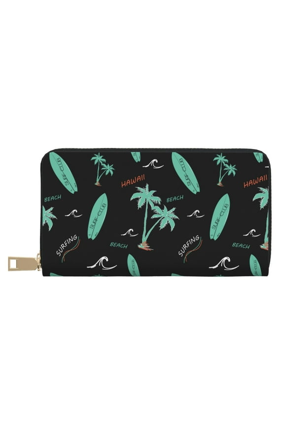 Leather Thin Slim Wallets for Women Men - Green Surfboard Clutch Card Wallet for Women Men with Zipper