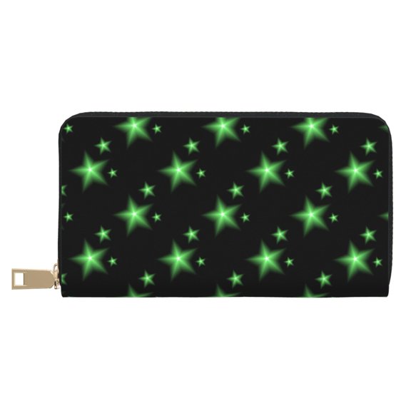 Leather Thin Slim Wallets for Women Men - Green shining stars black cool Clutch Card Wallet for Women Men with Zipper
