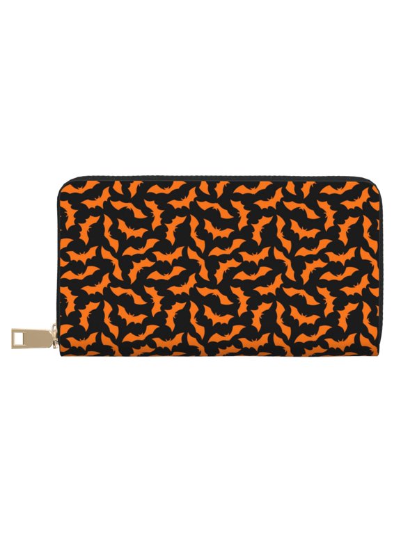Leather Thin Slim Wallets for Women Men - Halloween Bat Clutch Card Wallet for Women Men with Zipper