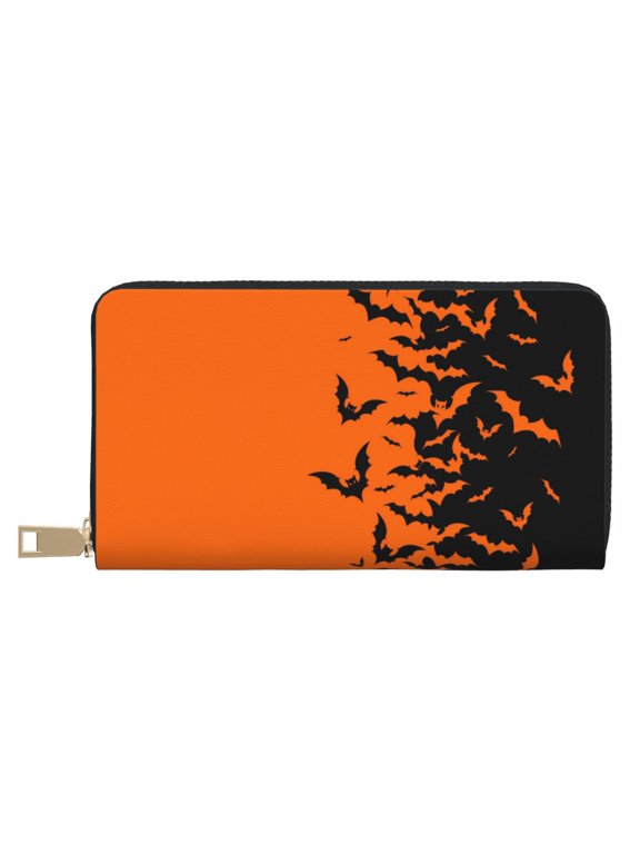 Leather Thin Slim Wallets for Women Men - Halloween Bats Clutch Card Wallet for Women Men with Zipper