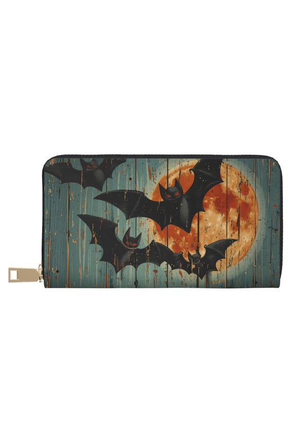 Leather Thin Slim Wallets for Women Men - Halloween Bats Full Moon Clutch Card Wallet for Women Men with Zipper